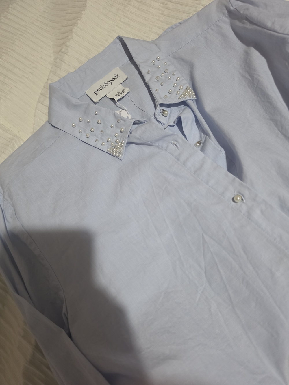 Peck & Peck Light Blue Womens Dress Shirt with Pearl-Studded Collar- Vintage SM